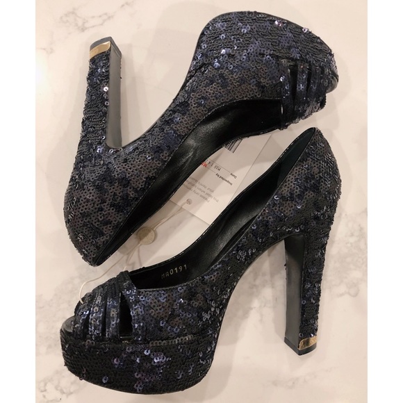 LOUIS VUITTON Dark Midnight Blue Sequin Glitter Sparkle Peep Toe Platform Pumps - Picture 10 of 17